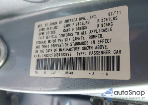 2011 Honda Accord 2.4 Ex-L from USA, damaged, VIN 1HGCP2F86BA103892